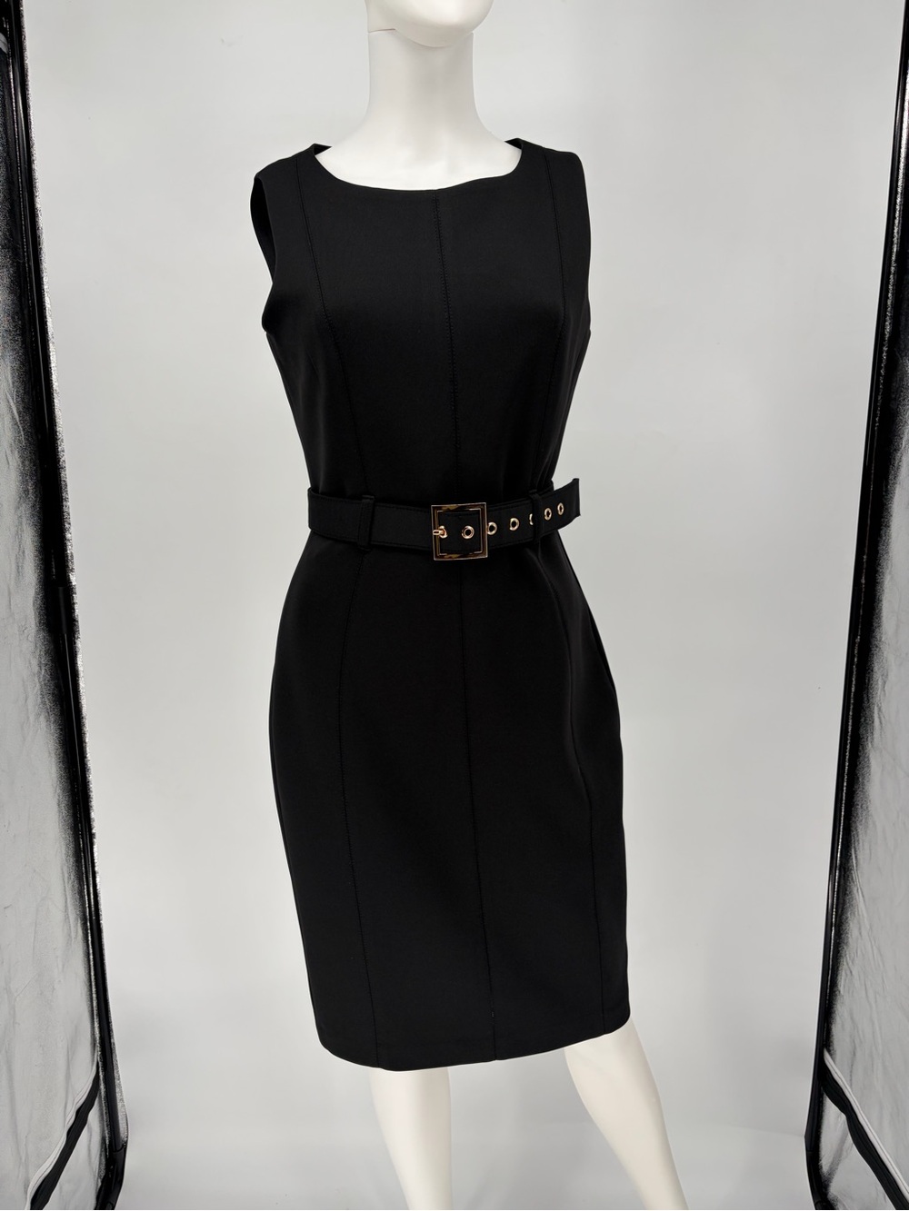 Calvin Klein Sleek Black Sleeveless Sheath Dress with Gold Buckle Belt